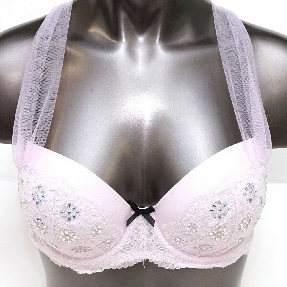 VS 34B Fashion Show Lux Masterpiece Lavender Crystal Bling Lace Lined Bra Pink